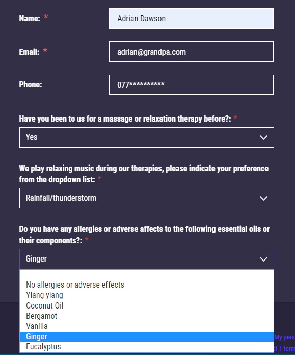 Intake form for a massage