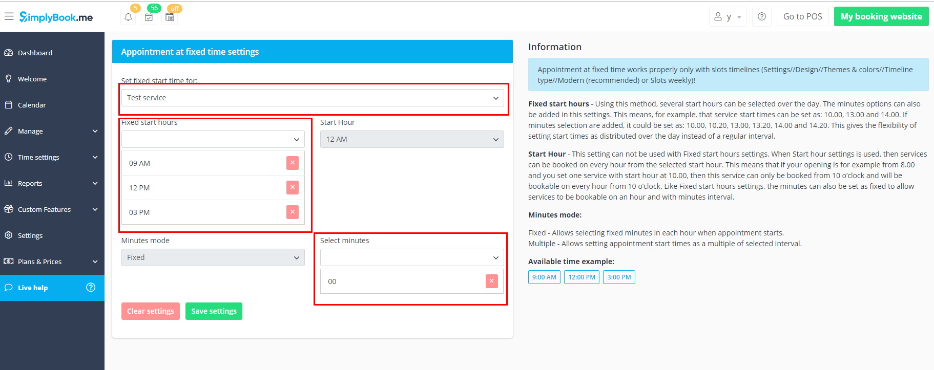 Appointment at fixed times Settings