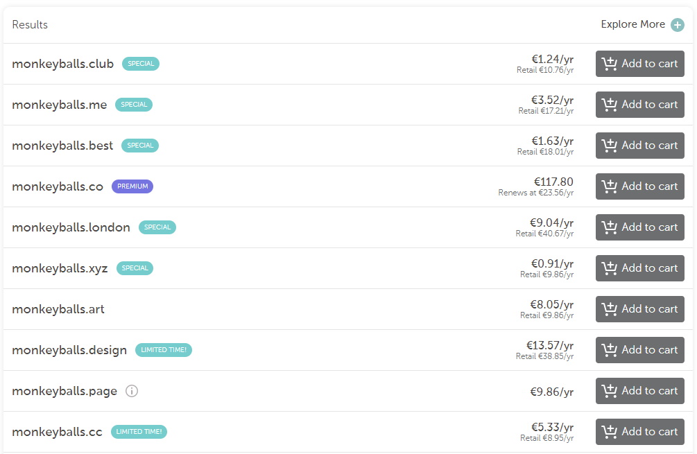 Domain name results