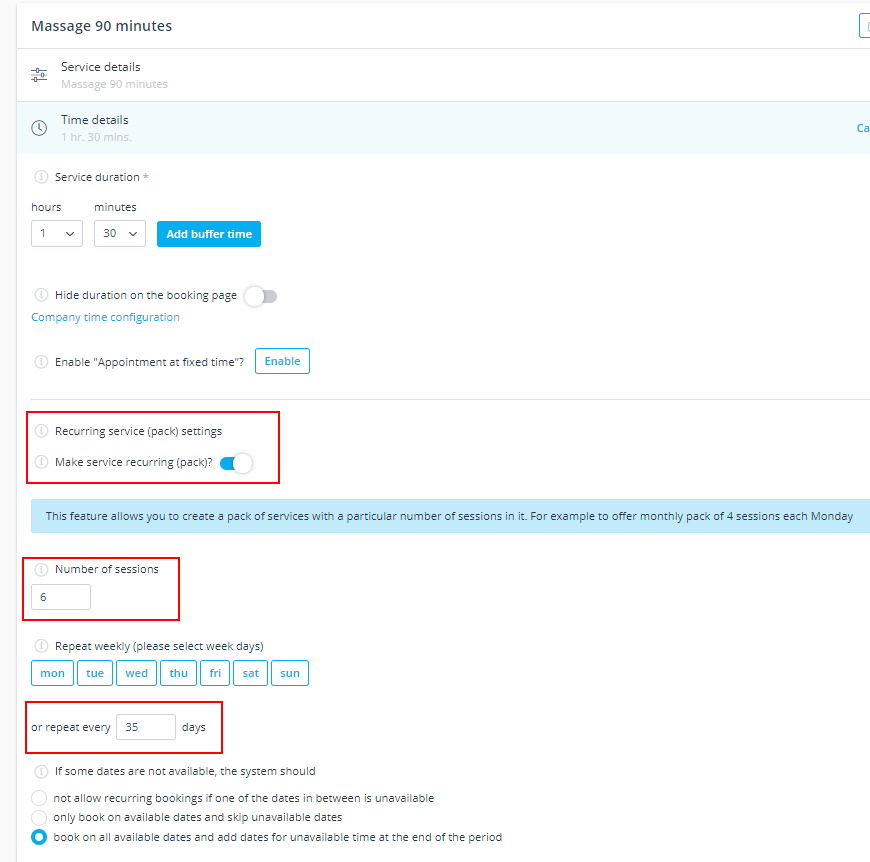 configuração de serviço recorrente