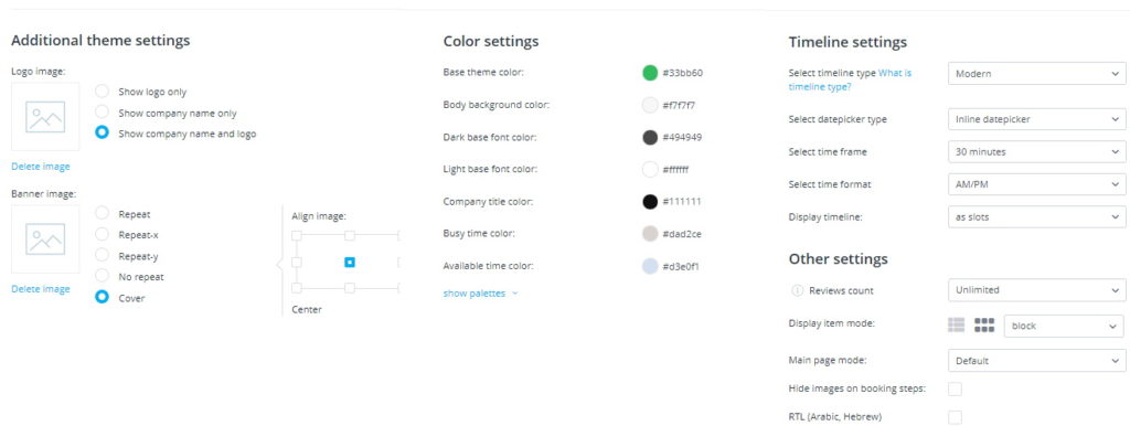 Additional design settings after choosing a theme template.