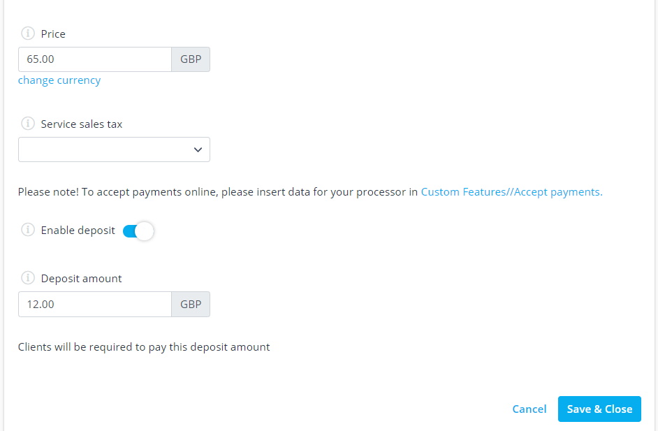 define the deposit amount in service details