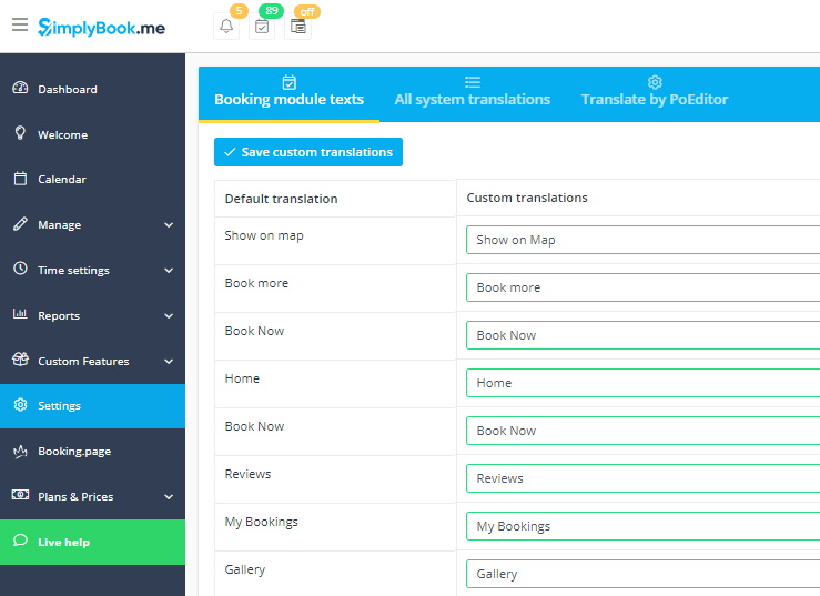 Página de idioma personalizado nas configurações gerais