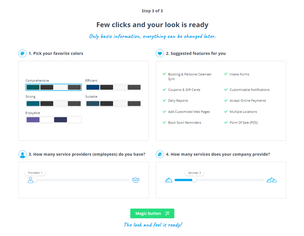 comment commencer, choisir une palette de couleurs et combien de services/fournisseurs vous avez