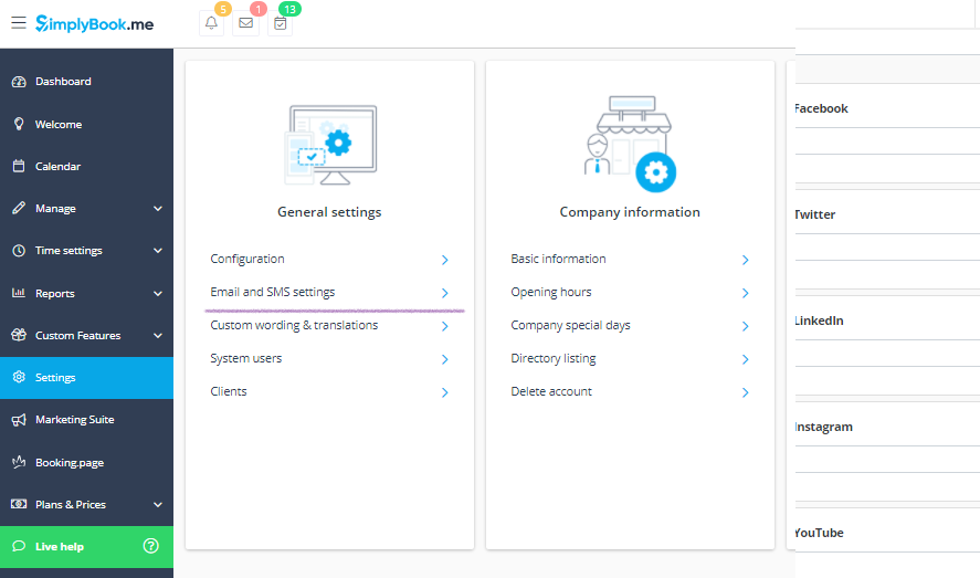 Email and SMS settings