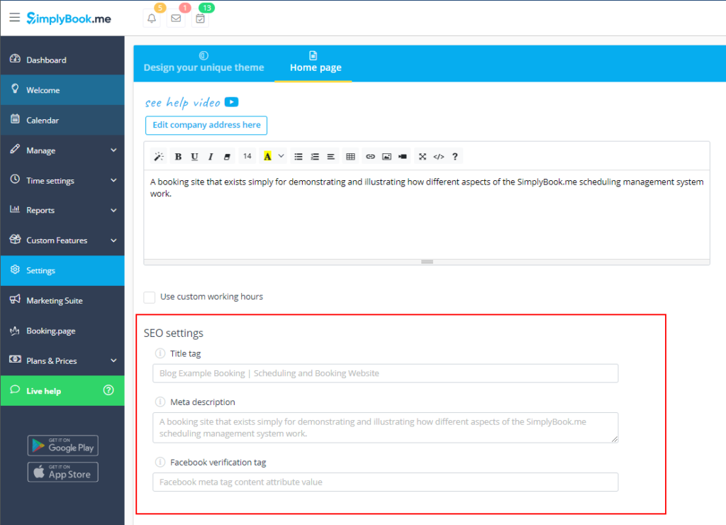 Verbessern Sie Ihre SEO-Einstellungen auf der SimplyBook.me-Schnittstelle