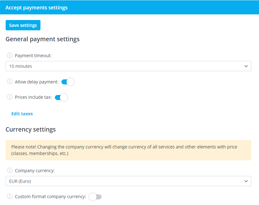 Aceitar pagamentos gerais e configurações de moeda