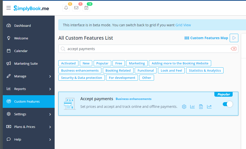 Accept payments custom feature page 