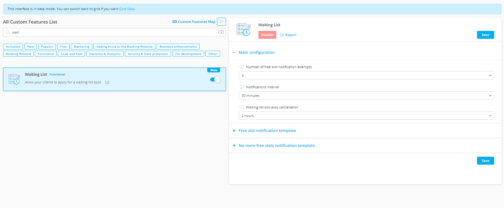 enable waiting list feature and set parameters