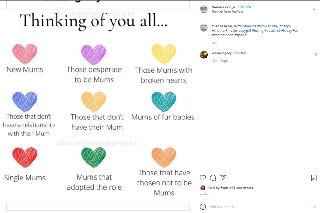 Inspiring and inclusive Mother's day post from The hair Salon
