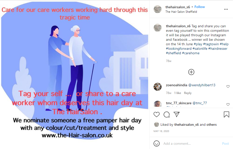 Publicación inspiradora de Instagram, nomina a un destinatario digno de un día del cabello de la peluquería Sheffield