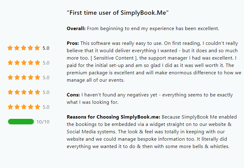 Revisão do Capterra endossando a assistência de configuração rápida do SimplyBook.me.