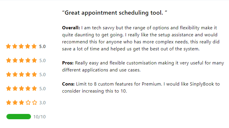 Review from Capterra endorsing the SimplyBook.me quick set-up assistance.