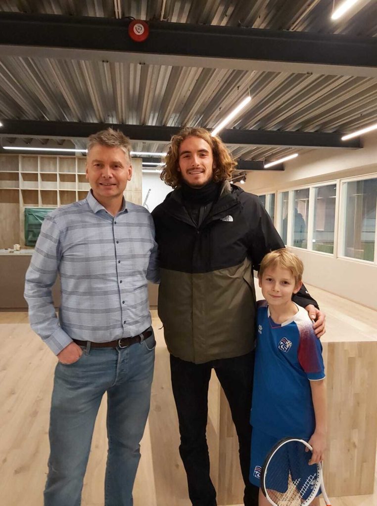 Stefanos Tsitsipas on a visit to Tennishöllin with the owner Jonas and his son Omar.