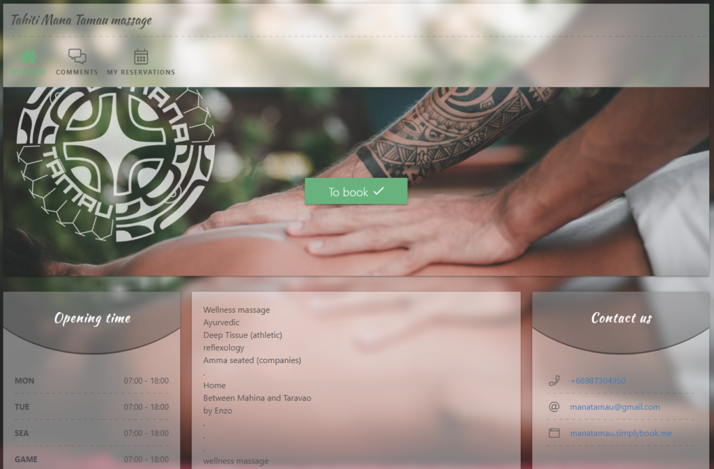 Calming and soothing booking website for Tahiti Mana Tanau massage