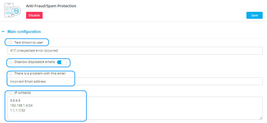 Anti-fraud and spam protection main configuration