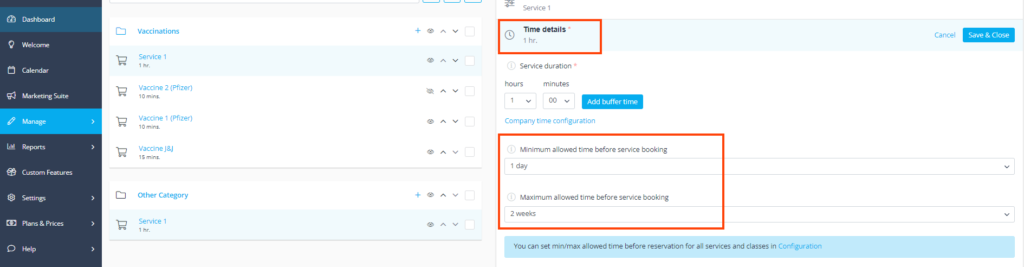 assign custom intervals in the time details of the service
