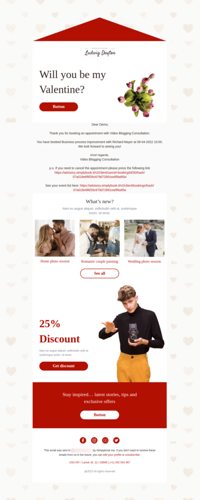 valentines custom email simplybook.me feature