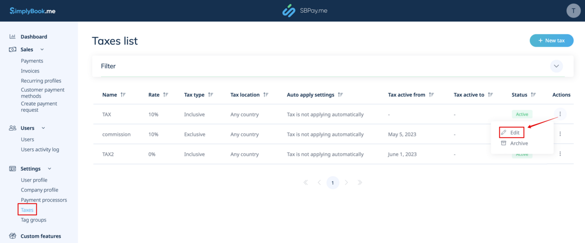 Sbpay editar ruta de impuestos