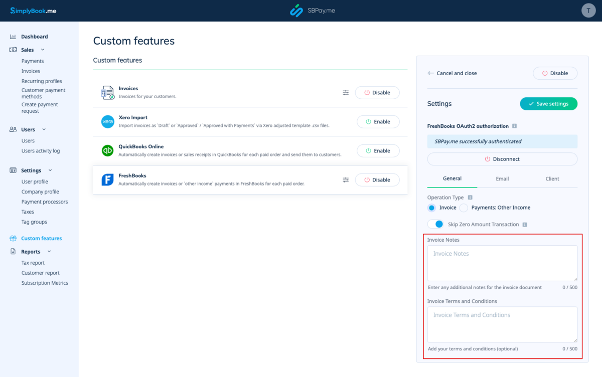 Notas y condiciones de las facturas de FreshBooks