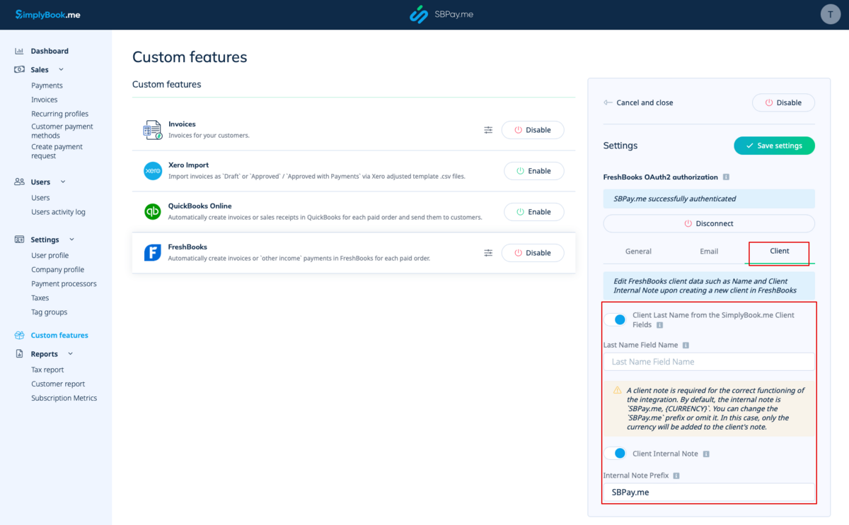 FreshBooks client data settings