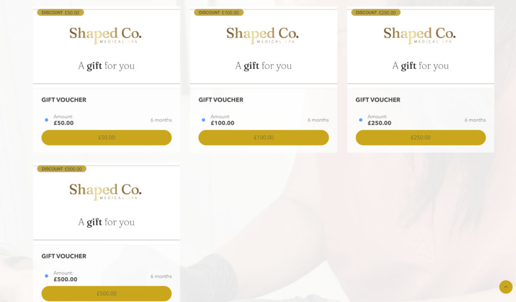 Gift card offerings from Shaped co on their simplybook.me website