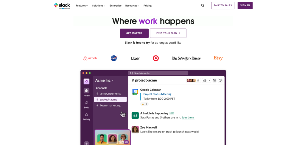 slack landing page