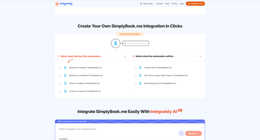 Integrately with SimplyBook.me setting up workflow