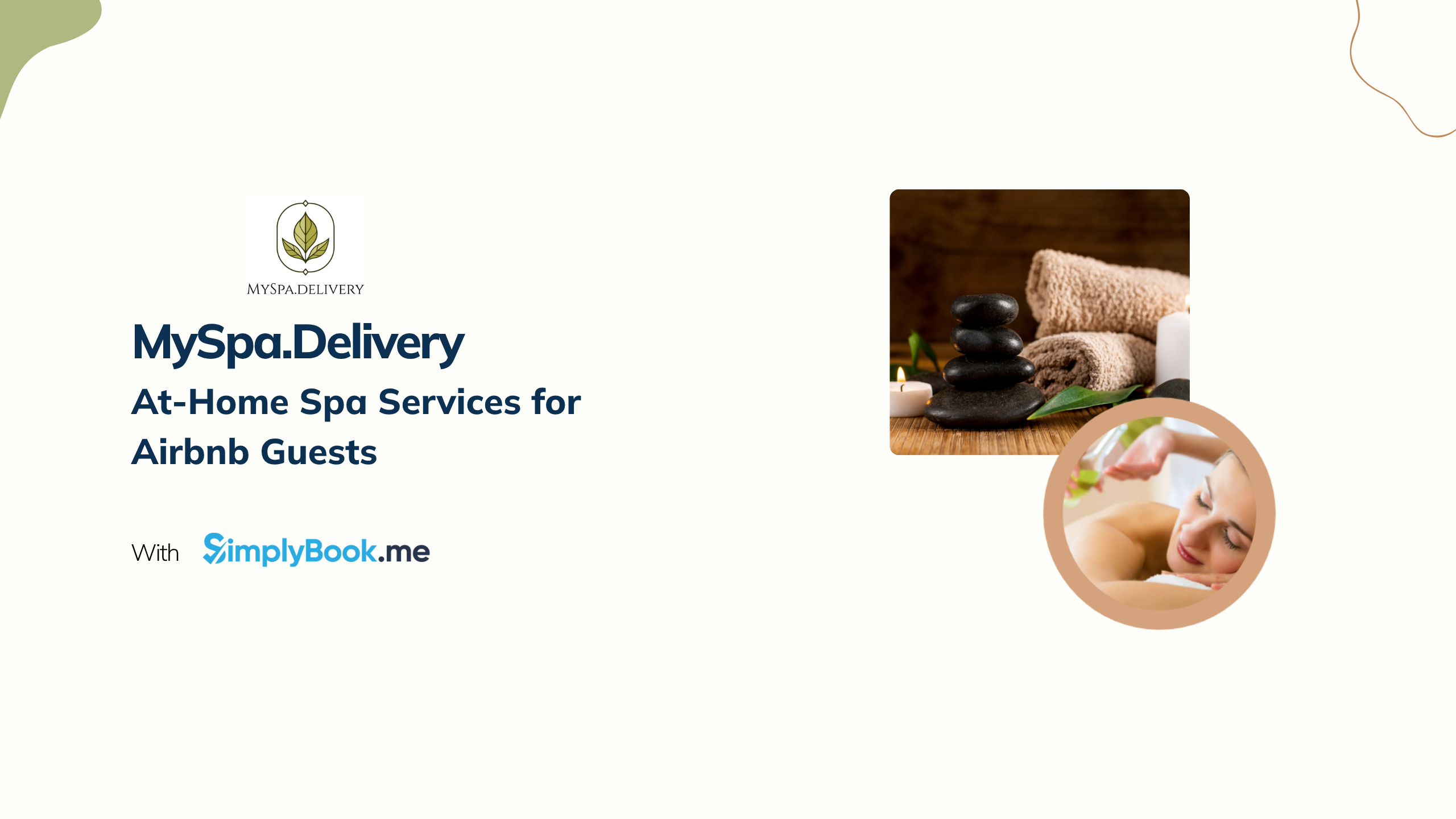 MySpa.delivery online spa booking with SimplyBook.me featuring stacked black stones, rolled brown towel, and green leaves for a relaxing wellness experience.