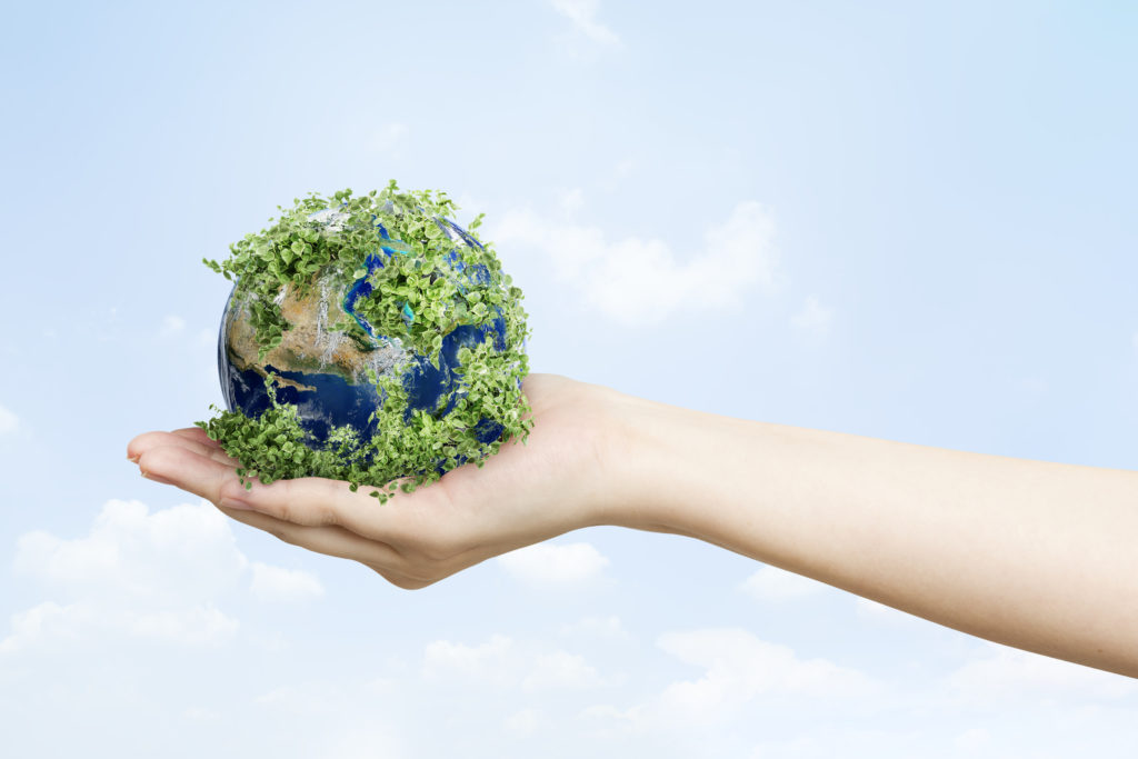 Hand holding Earth covered in green leaves, symbolizing sustainability and eco-friendly booking software benefits.