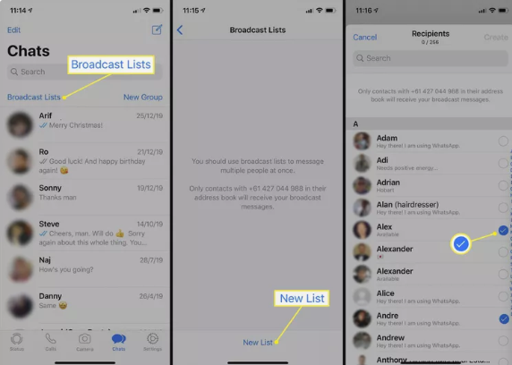 WhatsApp Business screenshot showing a brand being shared by customers and using broadcast lists to engage audiences.