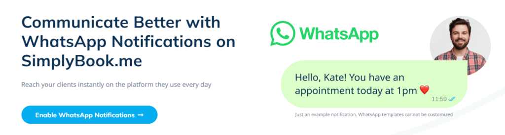 SimplyBook.me screenshot showing WhatsApp Business notifications with appointment message bubble and smiling person’s photo.