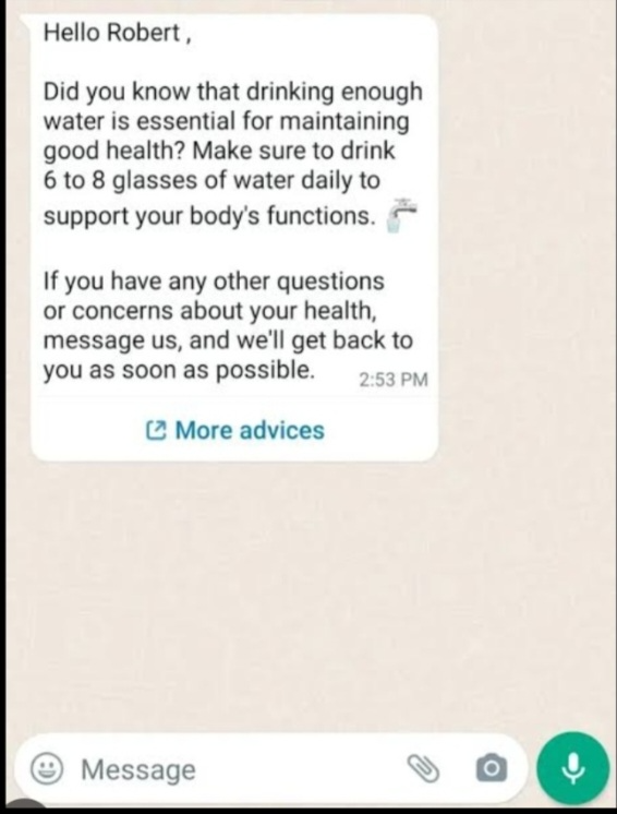 WhatsApp Business screenshot of a health brand sharing wellness tips with audience, including daily water advice