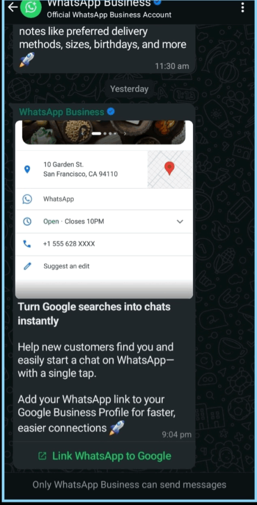 WhatsApp Business screenshot highlighting new features, like turning Google searches into instant chats to grow customer base.