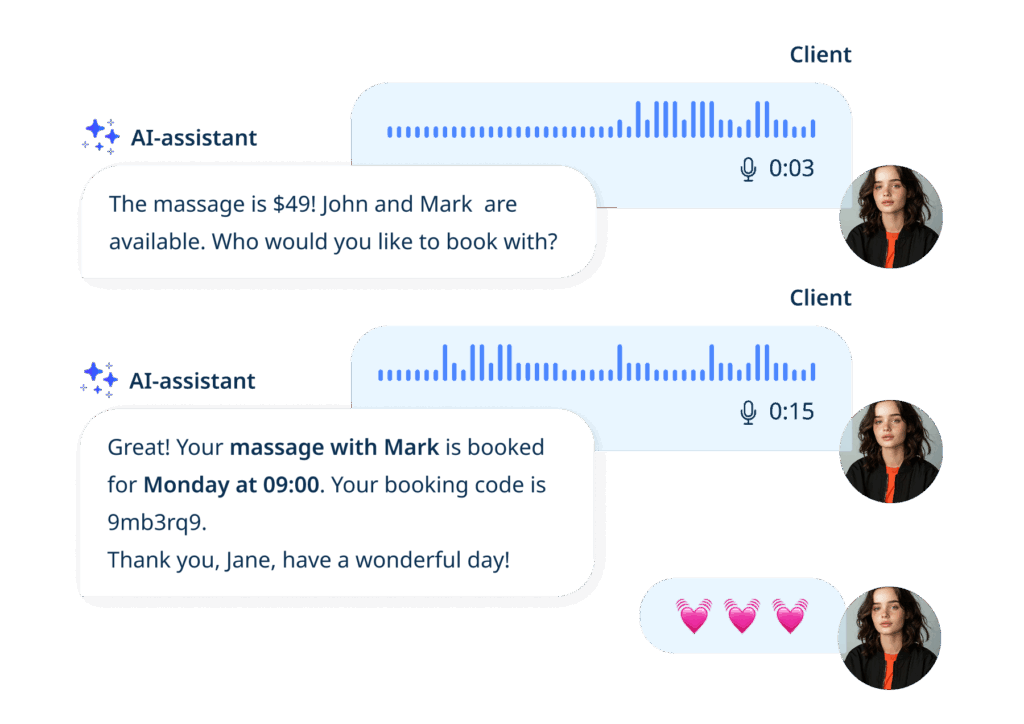 A chat between an AI assistant and a client about booking a $49 massage. The client selects Mark for Monday at 09:00. Tone is friendly and helpful.
