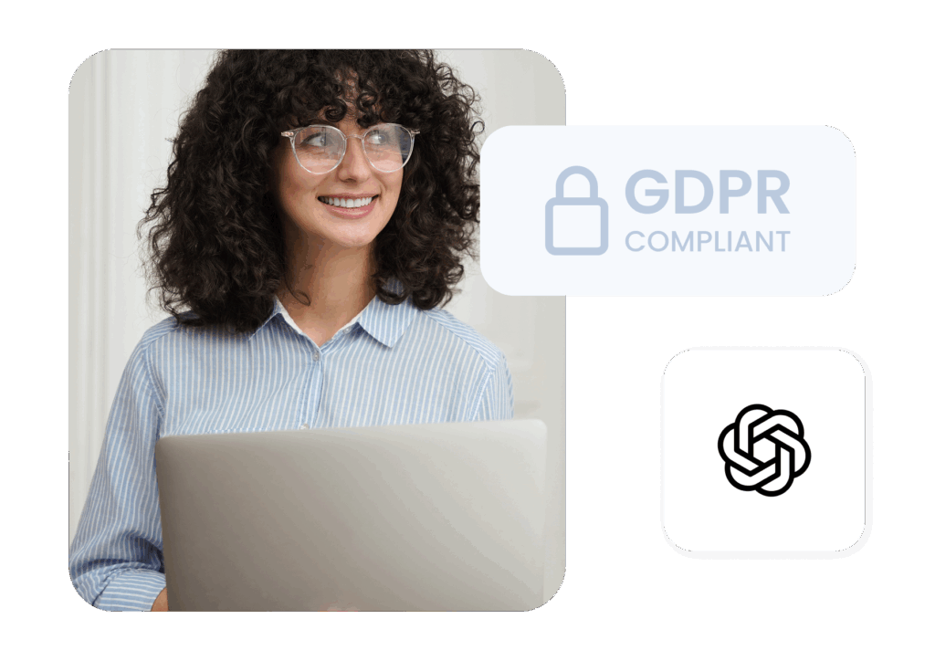 Smiling professional with curly hair and glasses holding a laptop, showcasing AI Voice Booking platform by SimplyBook.me, emphasizing GDPR compliance and data security.