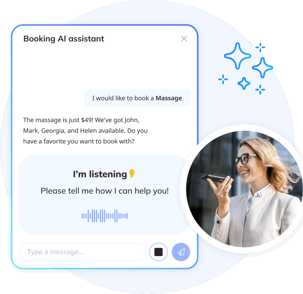 Smiling woman using her smartphone while chatting with a ‘Booking AI Assistant’ on-screen, showing massage scheduling options. The circular image features subtle sparkling stars, illustrating the ease and speed of AI Voice Booking through SimplyBook.me.