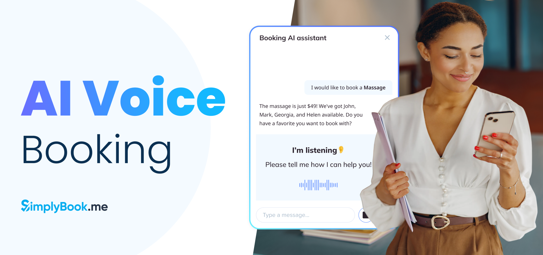 A woman in professional attire smiles while looking at her phone in front of a booking app interface. Text reads 'AI Voice Booking.' The app shows a chat with an AI assistant discussing massage appointments. The SimplyBook.me logo is at the bottom.