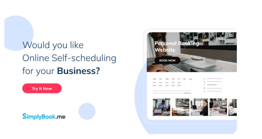 Advertisement for SimplyBook.me featuring self-scheduling. Includes a computer screen with booking website interface and a 'Try It Now' button.