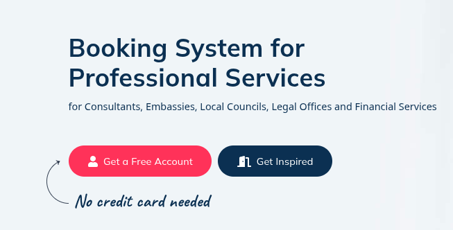 SimplyBook.me for professional services, highlighting a free account option. Includes buttons labeled 'Get a Free Account' in red and 'Get Inspired' in dark blue, with a note 'No credit card needed' below. Geared towards consultants and service providers.