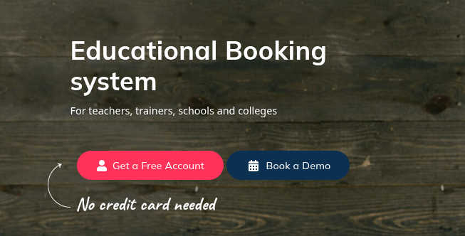 Promotional banner for SimplyBook.me as an Educational Booking System on a wooden background. Features buttons labeled 'Get a Free Account' in pink and 'Book a Demo' in blue, with text 'No credit card needed' in cursive.