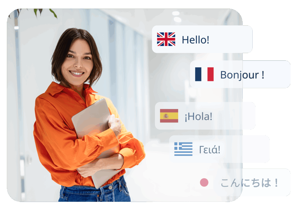 Smiling woman holding a laptop in a bright hallway, surrounded by greeting bubbles in English, French, Spanish, Greek, and Japanese, illustrating SimplyBook.me’s multi-language booking capabilities powered by AI.