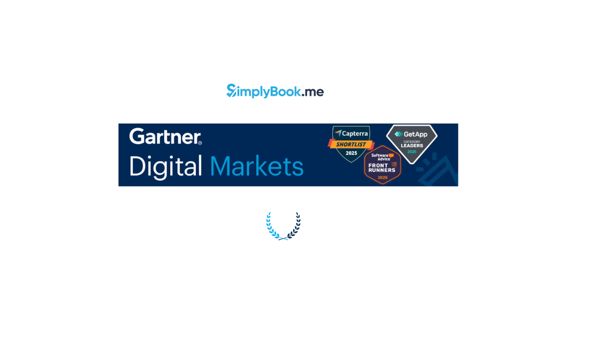 SimplyBook.me 2025 accolades from Capterra, Software Advice, and GetApp. Featured logos: Gartner Digital Markets, Capterra, GetApp, Software Advice.