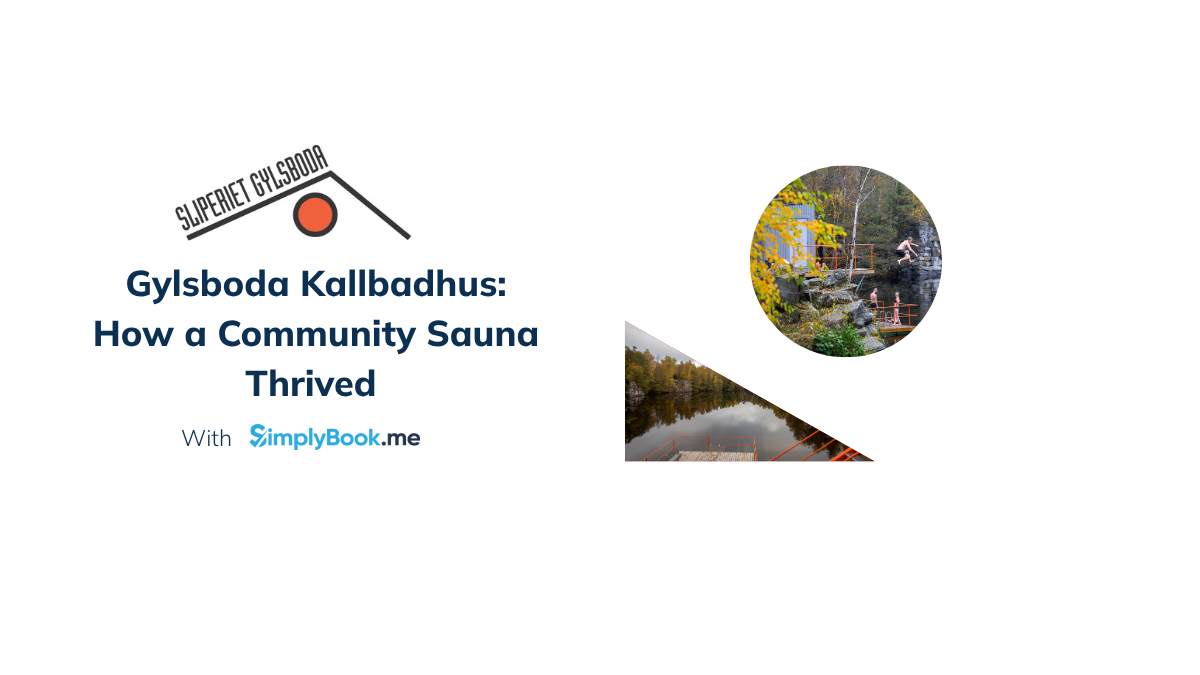 Gylsboda Kallbadhus community sauna promotional image featuring text ‘How a Community Sauna Thrived’ with SimplyBook.me for online booking and membership management