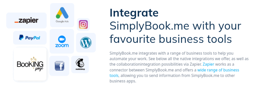 Image shows logos of business tools like Zapier, Google Ads, Instagram, PayPal, Zoom, WordPress, Facebook, and Mailchimp next to SimplyBook.me integration text.