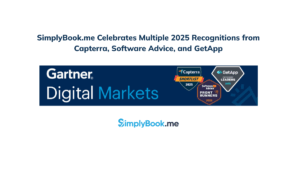 SimplyBook.me 2025 accolades from Capterra, Software Advice, and GetApp. Featured logos: Gartner Digital Markets, Capterra, GetApp, Software Advice.