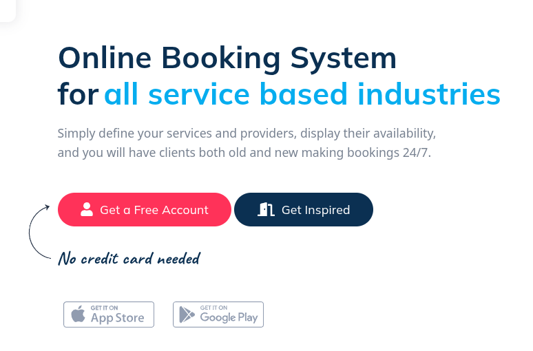 Online booking ad for service industries with ‘Free Account’ and ‘Inspiration’ buttons, noting ‘No credit card needed,’ featuring App Store and Google Play icons and SimplyBook.me.