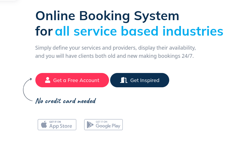 Promotional image for an online booking system targeting service industries. Includes buttons for a free account and inspiration, no credit card needed, with App Store and Google Play logos.
