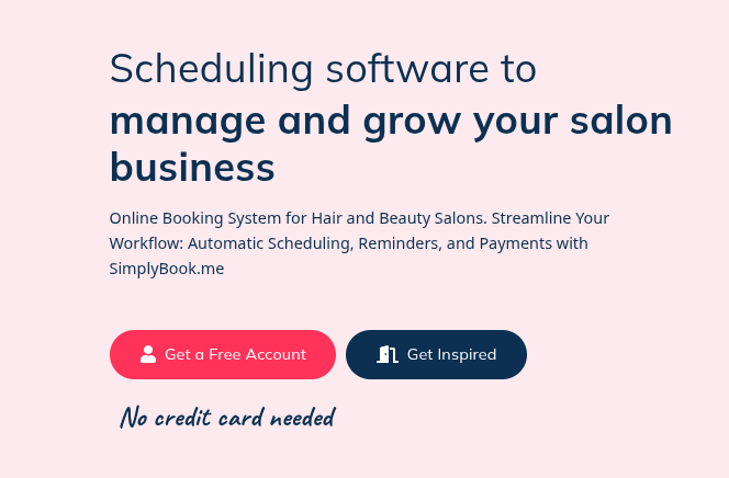 Soft pink background promoting SimplyBook.me salon scheduling software with headline: 'Manage and grow your salon business.' Features include booking, reminders, and payments. Buttons for signing up and inspiration, no credit card needed.