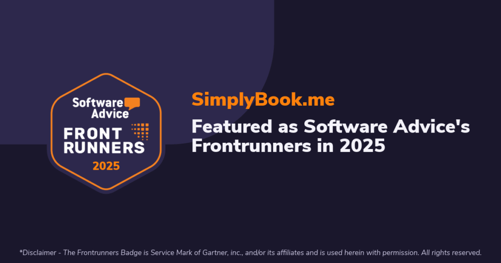 Dark background with shield-shaped badge reading 'Software Advice Front Runners 2025.' Text: 'SimplyBook.me Featured as Software Advice's Frontrunners in 2025.